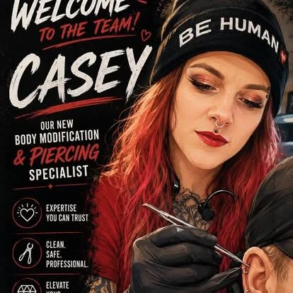 Studio announcement welcoming Casey, body modification and piercing specialist